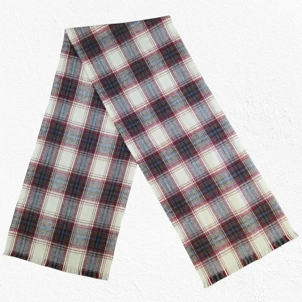 50s Vintage Red Cream Classic Tartan Plaid Fringe Rectangle Five Footer Scarf OS
